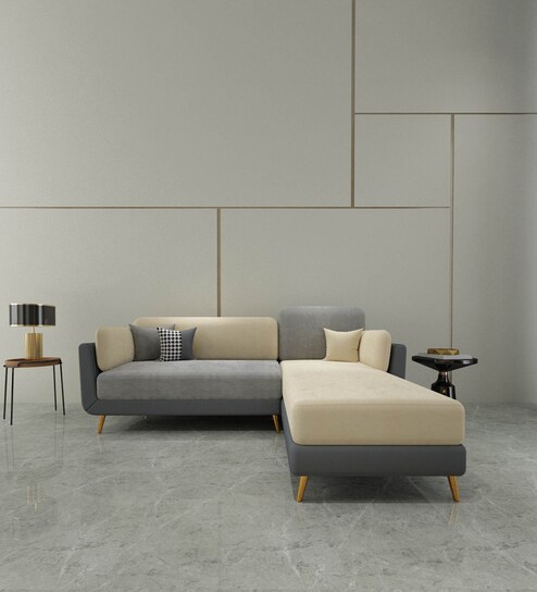 Montez Velvet LHS Sectional Sofa (2 + Lounger) in Grey & Beige Colour