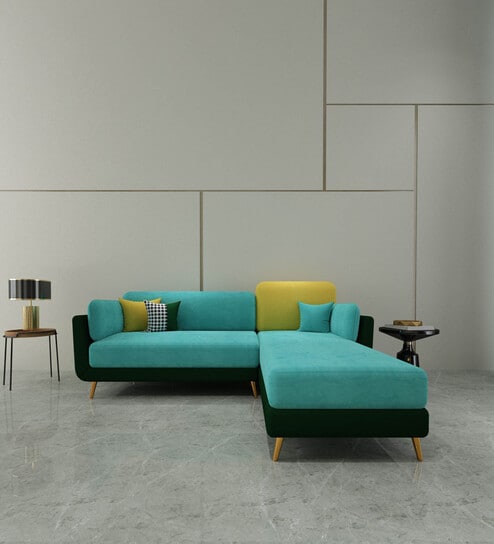 Montez Velvet LHS Sectional Sofa (2 + Lounger) in Turquoise & Green Colour
