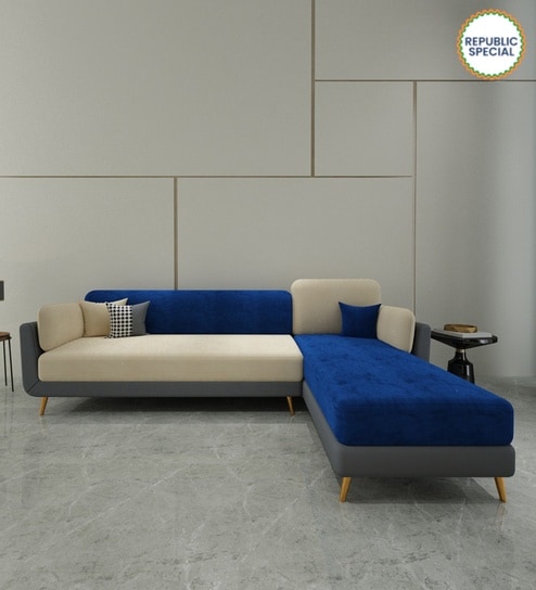 Montez Velvet LHS Sectional Sofa (3 + Lounger) in Blue & Beige Colour