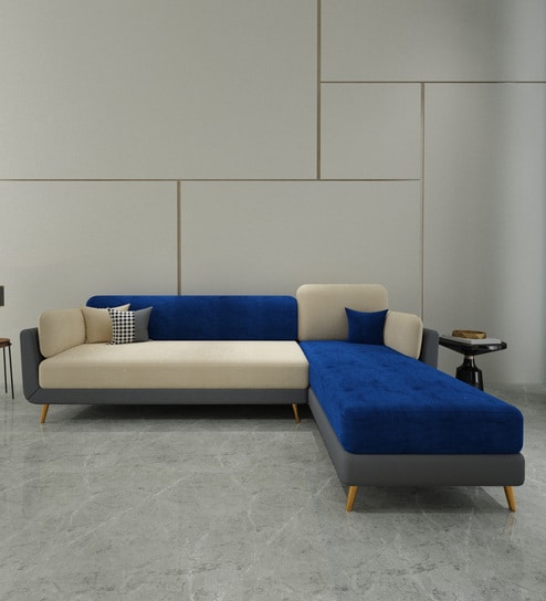 Montez Velvet LHS Sectional Sofa (3 + Lounger) in Blue & Beige Colour