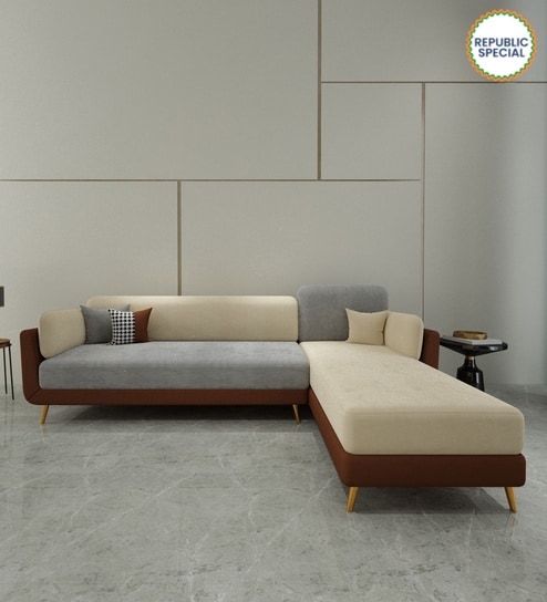 Montez Velvet LHS Sectional Sofa (3 + Lounger) in Brown & Beige Colour