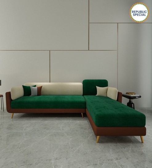 Montez Velvet LHS Sectional Sofa (3 + Lounger) in Green & Beige Colour