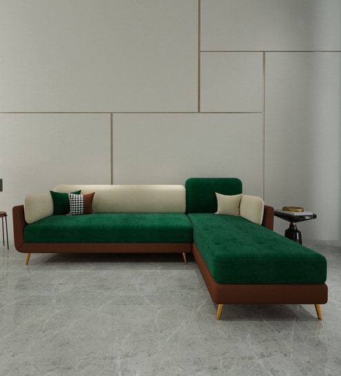 Montez Velvet LHS Sectional Sofa (3 + Lounger) in Green & Beige Colour