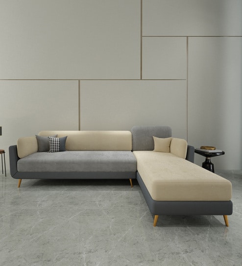 Montez Velvet LHS Sectional Sofa (3 + Lounger) in Grey & Beige Colour