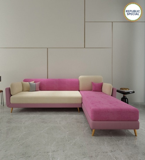 Montez Velvet LHS Sectional Sofa (3 + Lounger) in Pink & Beige Colour