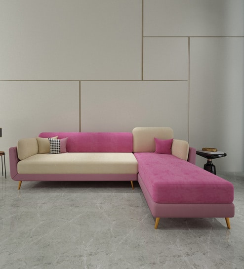 Montez Velvet LHS Sectional Sofa (3 + Lounger) in Pink & Beige Colour