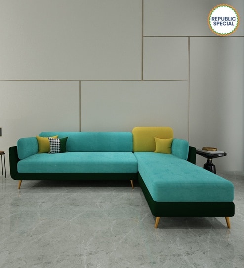 Montez Velvet LHS Sectional Sofa (3 + Lounger) in Turquoise & Green Colour