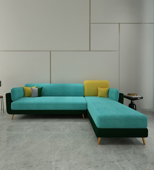 Montez Velvet LHS Sectional Sofa (3 + Lounger) in Turquoise & Green Colour