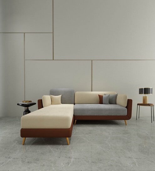Montez Velvet RHS Sectional Sofa (2 + Lounger) in Brown & Beige Colour