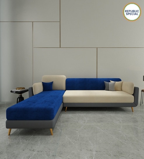 Montez Velvet RHS Sectional Sofa (3 + Lounger) in Blue & Beige Colour