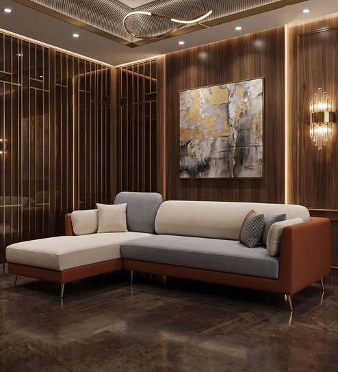 Montez Velvet RHS Sectional Sofa (3 + Lounger) in Brown & Beige Colour