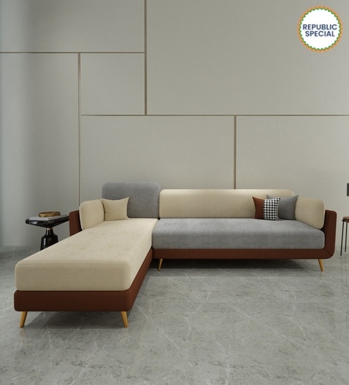 Montez Velvet RHS Sectional Sofa (3 + Lounger) in Brown & Beige Colour