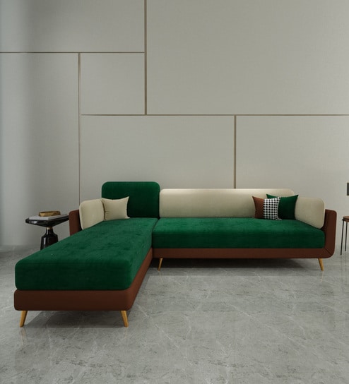 Montez Velvet RHS Sectional Sofa (3 + Lounger) in Green & Beige Colour