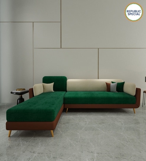 Montez Velvet RHS Sectional Sofa (3 + Lounger) in Green & Beige Colour