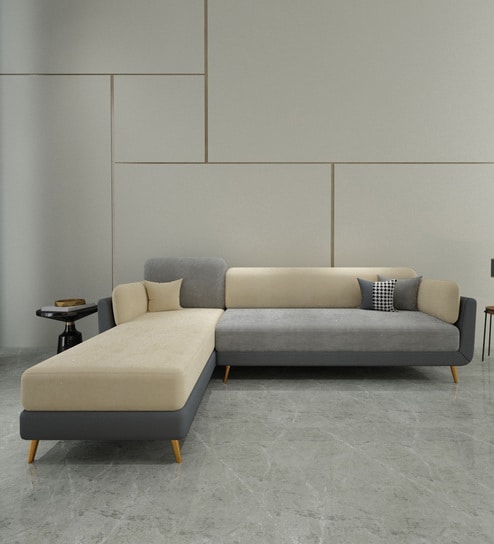 Montez Velvet RHS Sectional Sofa (3 + Lounger) in Grey & Beige Colour