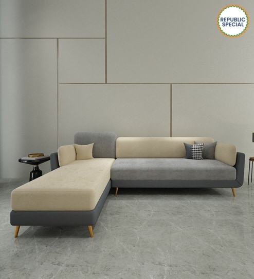 Montez Velvet RHS Sectional Sofa (3 + Lounger) in Grey & Beige Colour