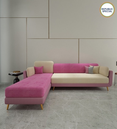 Montez Velvet RHS Sectional Sofa (3 + Lounger) in Pink & Beige Colour
