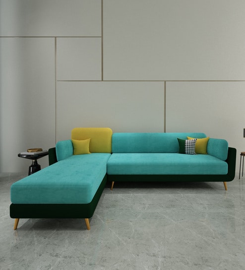 Montez Velvet RHS Sectional Sofa (3 + Lounger) in Turquoise & Green Colour