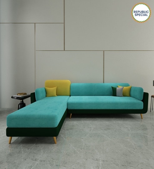Montez Velvet RHS Sectional Sofa (3 + Lounger) in Turquoise & Green Colour