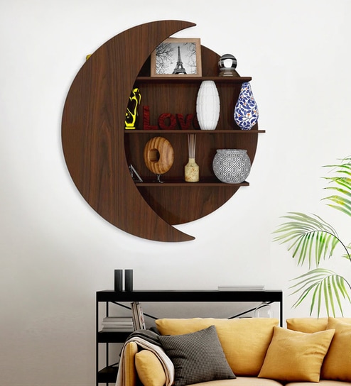 Moon Shape Designer Wooden Wall Shelf / Book Shelf, Walnut Finish