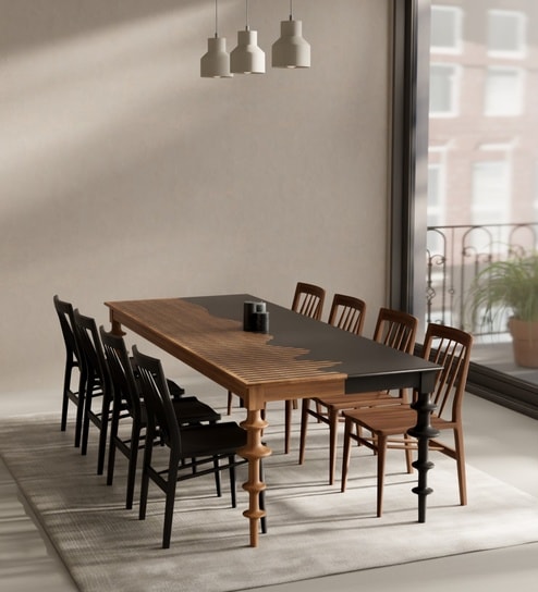 Moonlit Aera Teak Wood 8 Seater Dining Table in Black and Oak Finish