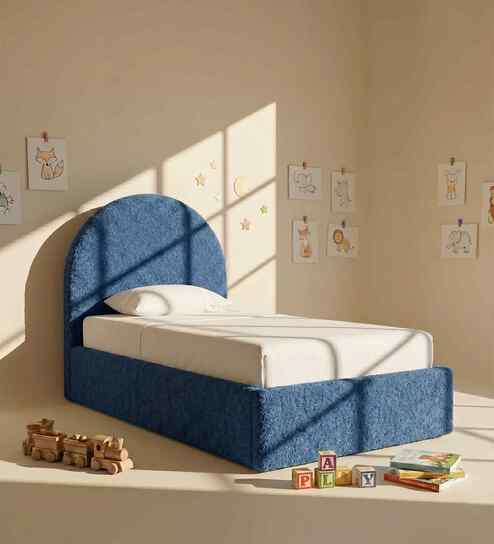 Moonrise Boucle Kids Toddler Bed With Box Storage In Denim Blue  Colour
