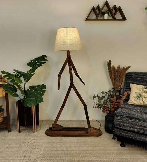 MoonWalker Wooden Floor Lamp with Jute Shade & Brown Base