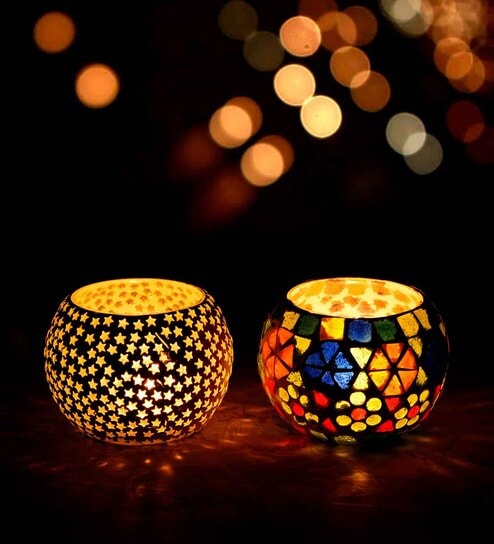 Mordern Multicolor Glass (Set of 2) Tea Light Holder