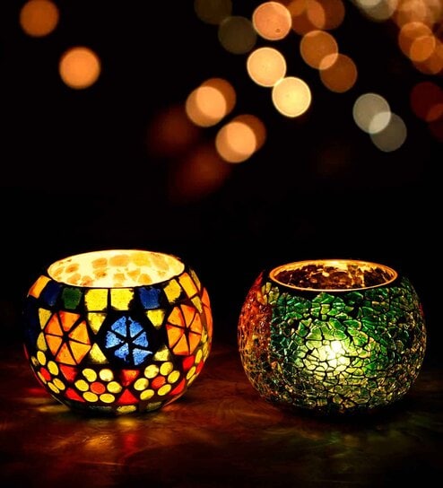 Mordern Multicolor Glass (Set of 2) Table Tea Light Holder