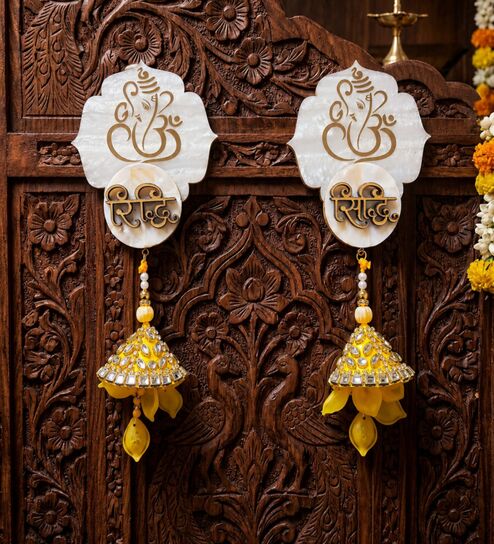 home arte Mother Of Pearl Ganesha Riddhi Siddhi Hangings With Yellow Latkans-picture-46