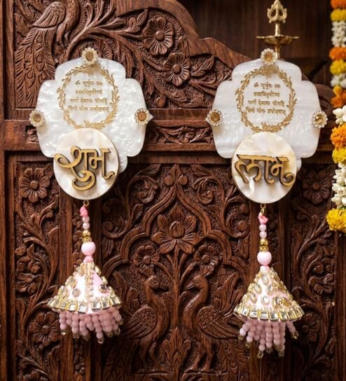 home arte Mother Of Pearl Gaytri Mantra Shubh Labh Hangings With Pink Latkans-picture-40