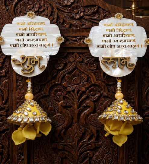 Mother Of Pearl Namokar Mantra Shubh Labh Hangings With Yellow Latkans