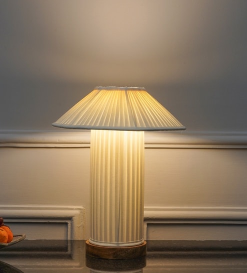 Moulins Small White Color Fabric Table Lamp With Brown Wood