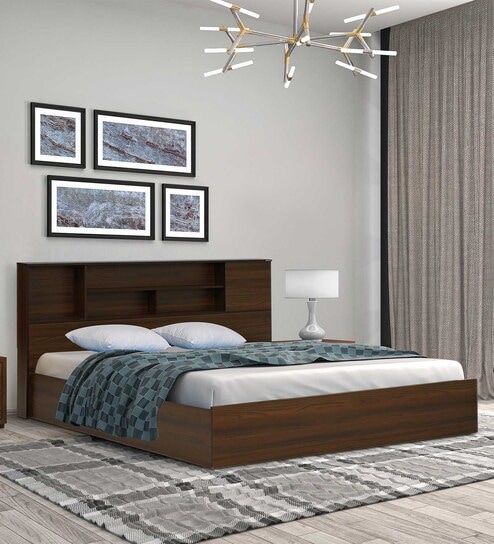 Mozart Queen Size Bed in Walnut Finish with Box Storage