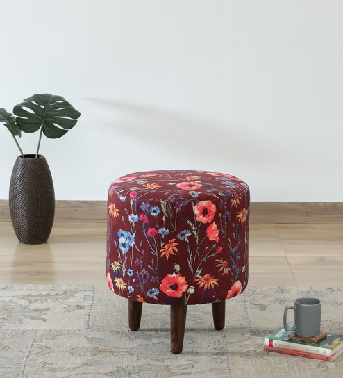 Mozart Velvet Fabric Seating Stool In Floral Print on Red Colour