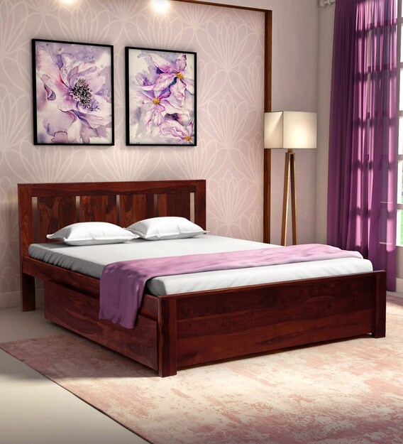 Buy Amarillo Solid Wood Queen Size Bed with Storage in Honey Oak Finish