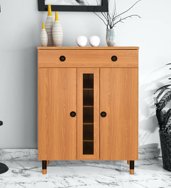 Buy Morvin Shoe Cabinet With Drawer In Teak Finish By Home Online Modern Shoe Cabinets Shoe Racks Furniture Pepperfry Product