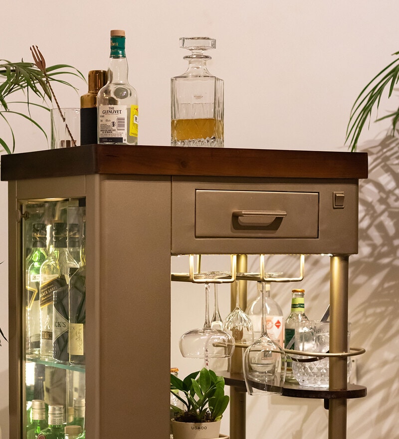 Buy Model Y Bar Trolley with Wooden Top in Gold Finish by SpeedX Home