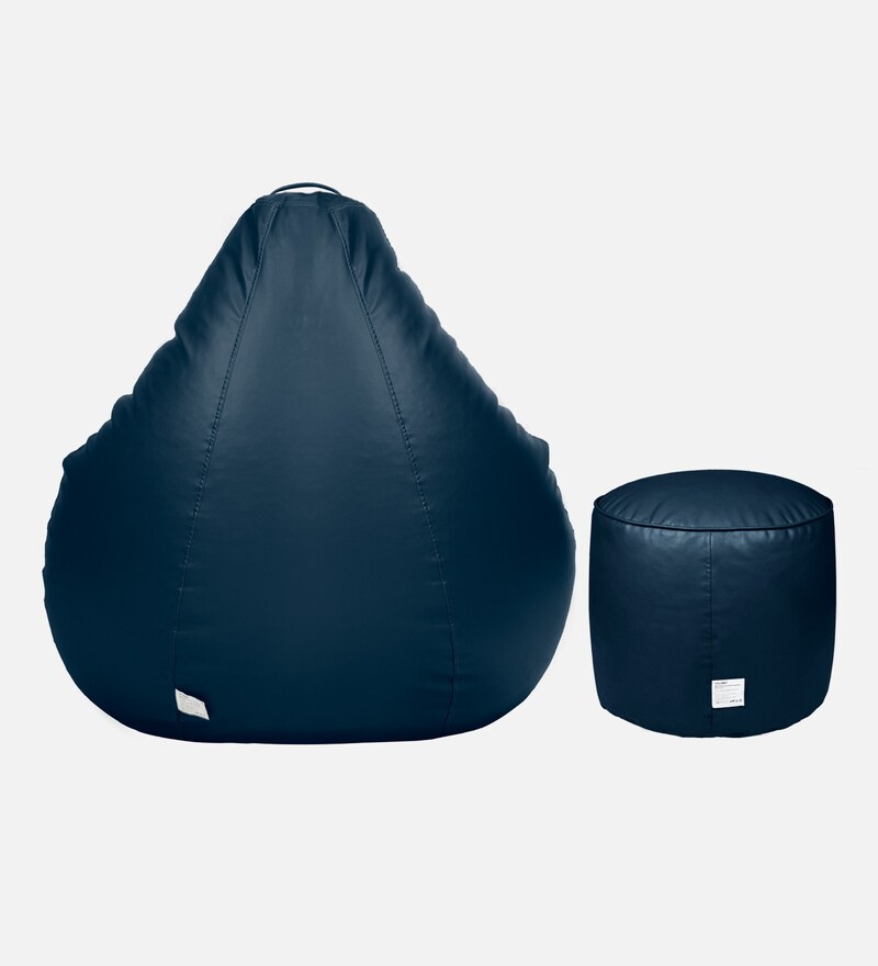 Buy Modern XXXL Leatherette Bean Bag Cover in Blue Colour with Pouffe