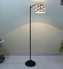 Modern Lamppost Style Black Iron Base Floor Lamps Filigree Print Satin Shade