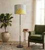 Modern Slim Black Metal Floor Lamp for Living Room & Bedroom with Printed Fabric Lampshade in Blue/Green Color