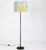 Modern Slim Black Metal Floor Lamp for Living Room & Bedroom with Printed Fabric Lampshade in Blue/Green Color