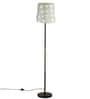 Modern Slim Black Metal Floor Lamp for Living Room & Bedroom with Printed Fabric Lampshade in Gold/Grey Color