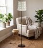 Modern Slim Black Metal Floor Lamp for Living Room & Bedroom with Printed Fabric Lampshade in Gold/Grey Color