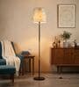 Modern Slim Black Metal Floor Lamp for Living Room & Bedroom with Printed Fabric Lampshade in Gold/Grey Color