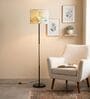 Modern Slim Black Metal Floor Lamp for Living Room & Bedroom with Printed Fabric Lampshade in Multicolor