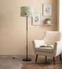 Modern Slim Black Metal Floor Lamp for Living Room & Bedroom with Printed Fabric Lampshade in Multicolor