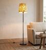 Modern Slim Black Metal Floor Lamp for Living Room & Bedroom with Printed Fabric Lampshade in Nuetral Color