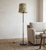 Modern Slim Black Metal Floor Lamp for Living Room & Bedroom with Printed Fabric Lampshade in Nuetral Color