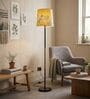 Modern Slim Black Metal Floor Lamp for Living Room & Bedroom with Printed Fabric Lampshade in Yellow Color